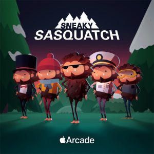 Sneaky Sasquatch game characters in an outdoor forest scene with the Apple Arcade logo.