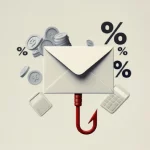 Mail envelope with percent symbols, coins, and calculator, financial and email marketing concept.