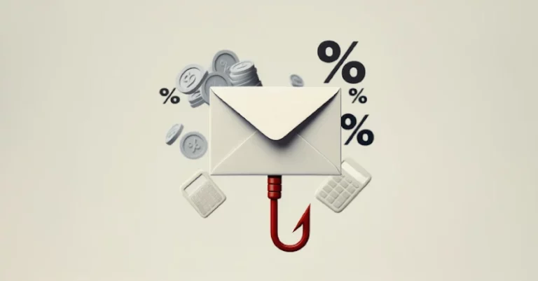 Mail envelope with percent symbols, coins, and calculator, financial and email marketing concept.