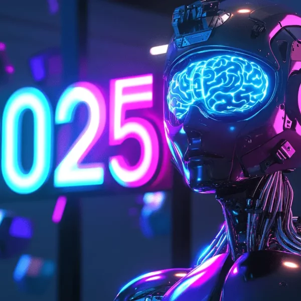 Futuristic robot with glowing brain and neon "2025" sign in background engaging in AI innovation.